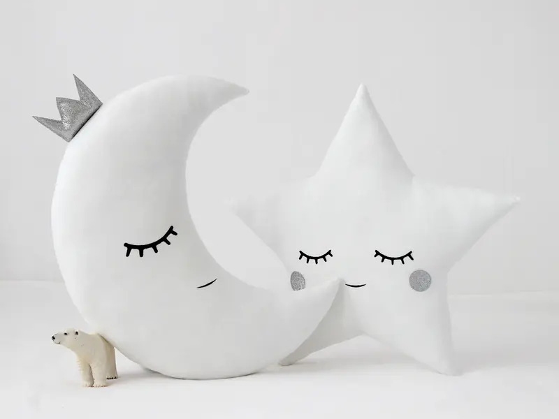 Set of 2 White Pillows - Crescent Moon and Star Pillows with Silver Touch
