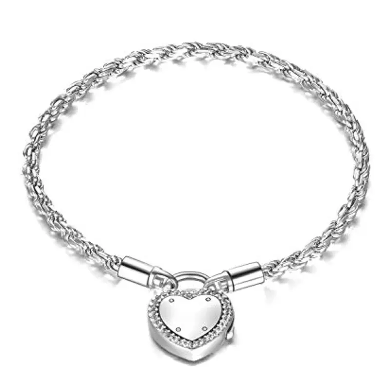 Sterling Silver Heart Charm Bracelet with Rope Chain