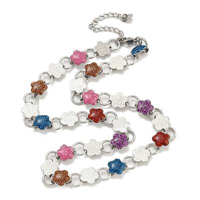 304 Stainless Steel Enamel Flower Link Chain Necklaces with Glitter Powder