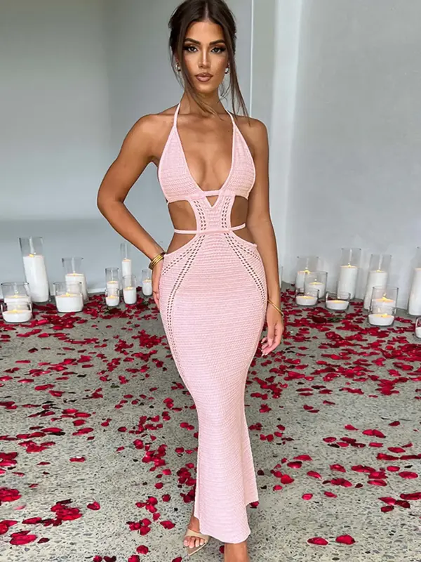 Women's Plain Cut Out Hollow Out Tie Back Cami Dress, Sexy Backless Halter Neck Dress for Party Club Dating Wear, Ladies Home...
