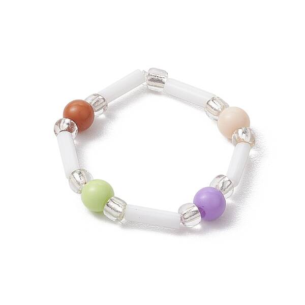 Round Acrylic & Glass Bugle Beads Stretch Rings for Women