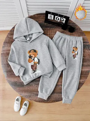 Boys' Fashion Cartoon Bear Print Hoodie, Thick Warm Fleece Pullover, Casual Fall & Winter Long Pants Set, Best Gift Idea