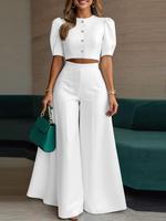 Two-piece Set Women's Plain Crop Top & Elastic Waist Wide Leg Pants, Chic Elegant Fashion Top & High Waist Trousers for Daily...