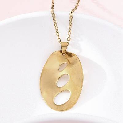 Hollow Textured Oval 304 Stainless Steel Pendant Necklaces