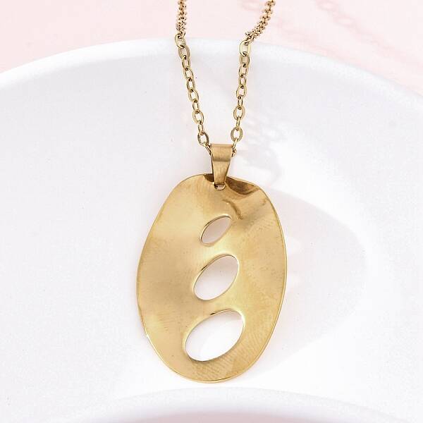 Hollow Textured Oval 304 Stainless Steel Pendant Necklaces