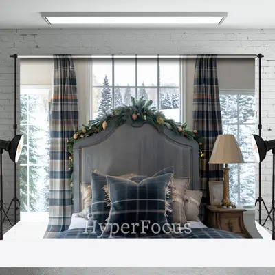 Modern Blue Plaid Curtain Bedding Christmas Backdrop - Aperturee
