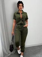 Women's Solid Button Front Pocket Jumpsuit, Casual Chic Fitted Shortsleeve Jumpsuit for Daily Wear, Ladies Clothes for Summ...