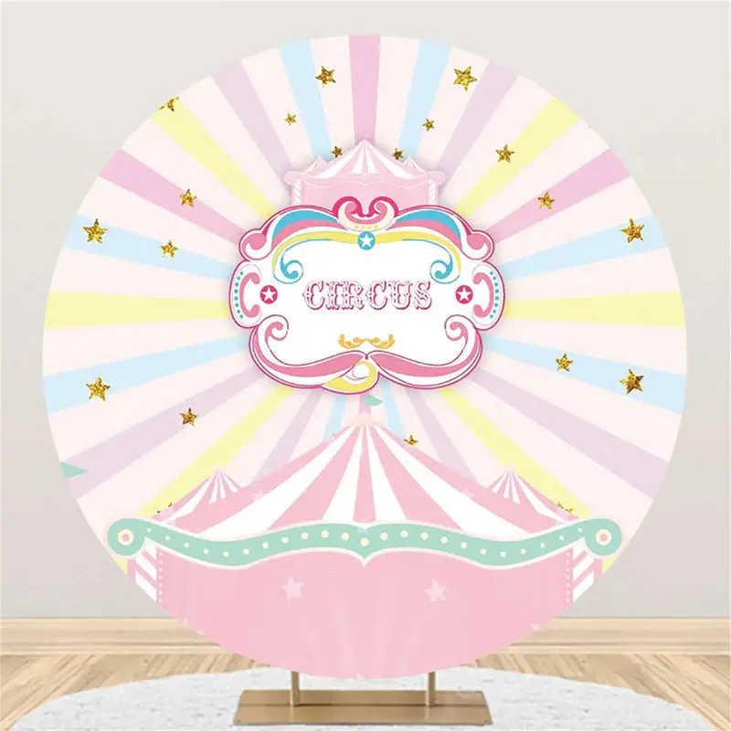 Round Pink Circus Stars Rainbow Birthday Backdrop - Aperturee