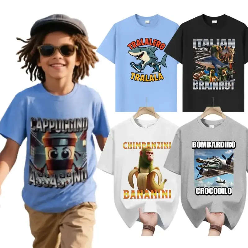 Italian Brainrot Gen Z Humor Meme Kids Tung Tung Tung Sahur Tralalero Tralala Teen Boys Girls T-Shirt Cappuccino Assassino Gr...