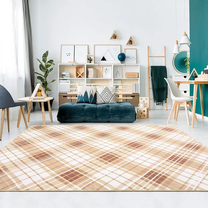 Garvee Area Rugs 9x12 Living Room Washable Rug Modern Plaid Coffee Rug Low Pile Non Slip Cross Lines Print Carpet Indoor Soft...