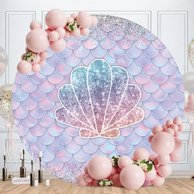 Aperturee Purple And Sliver Glitter Shell Round Birthday Backdrop