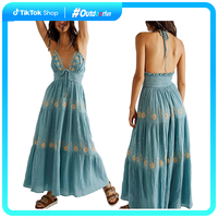Boho Flowy Maxi Dress for Women Spaghetti Strap Open Back Embroidered Tiered Swing Summer Long Dress Casual Cotton Fashion Em...