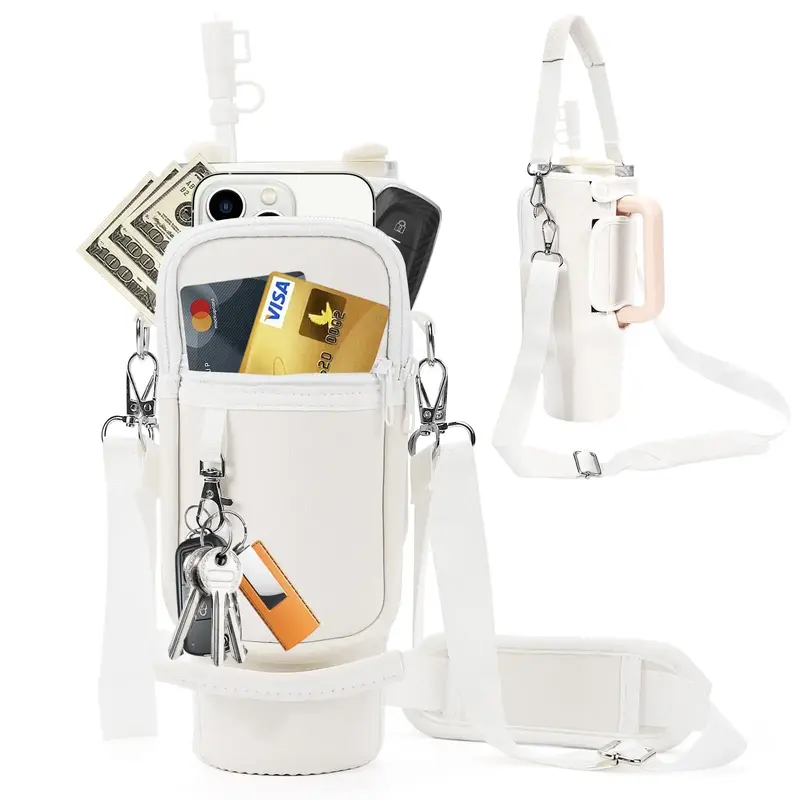 Washable Water Bottle Carrier Bag with Phone Pocket, Compatible with Stanley 40oz Tumbler Cup Mugwith Carrying Strap, Drinkwa...