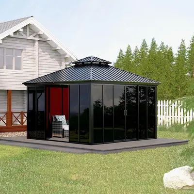 Garvee 12' x 12' Hardtop Gazebo Sunroom, Enclosed Gazebo with Sliding Doors & Screens, All-Aluminum Frame Outdoor Room for Pa...