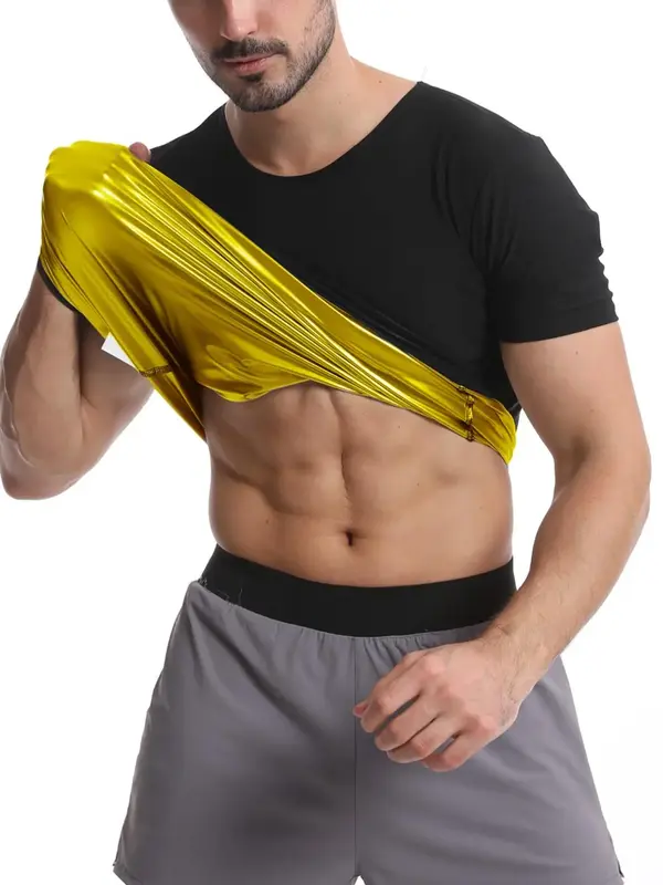Men's Solid Round Neck Athletic Sauna Tee, Sporty Short Sleeve Compression T-shirt, Compression Shirts, Men's Top for Workout...