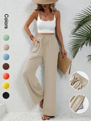 Women's Plain Pocket Tie Front Elastic Waist Straight Leg Pants, Casual High Waist Wide Leg Trousers for Daily Wear, Ladies B...