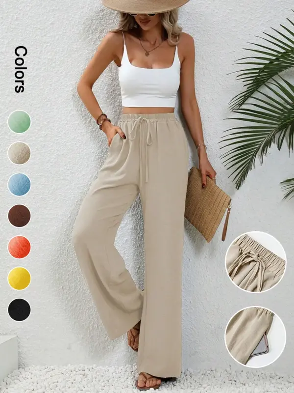 Women's Plain Pocket Tie Front Elastic Waist Straight Leg Pants, Casual High Waist Wide Leg Trousers for Daily Wear, Ladies B...