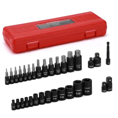 CASOMAN 32-Piece Torx Bit Socket and Female External Socket Set, 14 Star Bits (T8- T70) and 13 Female E-Torx Sockets (E4-E24)...