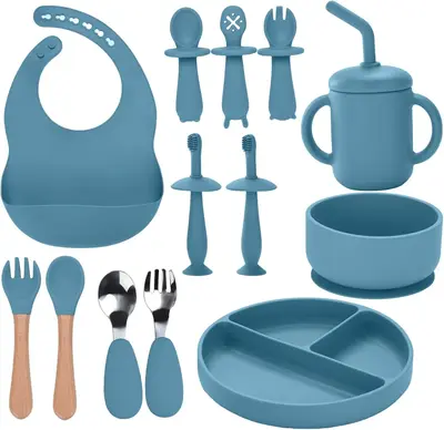 13PCS Silicone Baby Feeding Set – Suction Bowl, Plate, Utensils, Bib, Cup & Toothbrush | Baby Led Weaning Essentials