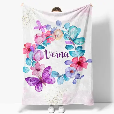 Aperturee White Floral Gold Glitter Custom Name Baby Blanket | Designable Blankets With Name | Custom Blanket With Name | Cus...
