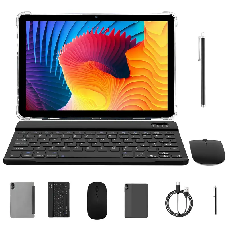 10.1-inch Android tablet with Bluetooth keyboard and mouse set, octa-core processor, 8GBRAM (4GB + 4GB extended), 64GB storag...
