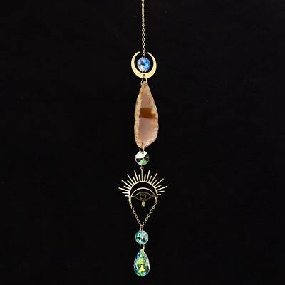 Natural Red Agate Piece & Metal Evil Eye Moon Hanging Ornaments