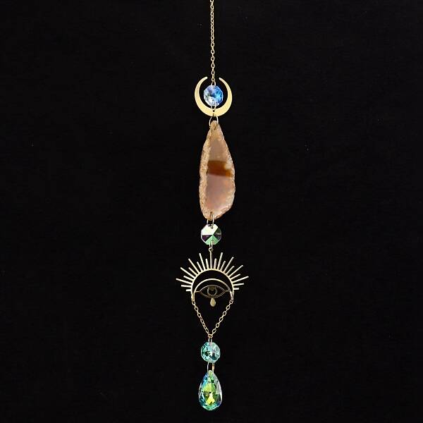 Natural Red Agate Piece & Metal Evil Eye Moon Hanging Ornaments