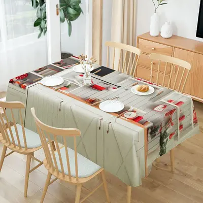 Red Tableware White Wooden Wall Christmas Tablecloth - Aperturee