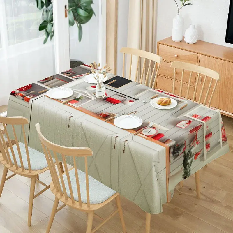 Red Tableware White Wooden Wall Christmas Tablecloth - Aperturee