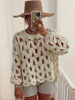 Women's Plain Crochet Hollow Out Sweater, Casual Loose Longsleeves Cowl Neck Jumper for Summer, Fashion Women's Knitwear for ...