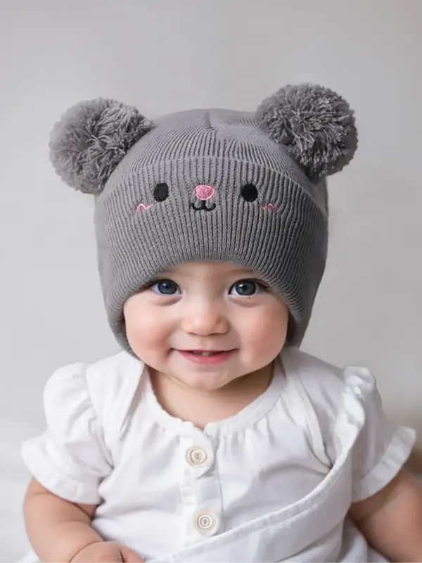 Newborn Knit Hat for Babies 1-3 Years Old, Embroidered Double Ball Design, Warm Winter Beanie for Outdoor Use, Casual Style