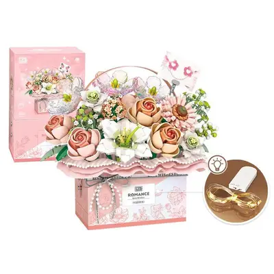 Flower Rose Assembly Building Block Toy With Light Strip, 1 Set Creative Building Blocks, Handheld Flower Bundle Gift Box Fo...