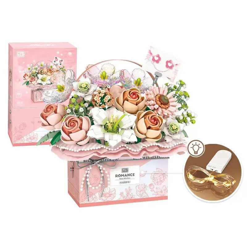 Flower Rose Assembly Building Block Toy With Light Strip, 1 Set Creative Building Blocks, Handheld Flower Bundle Gift Box Fo...