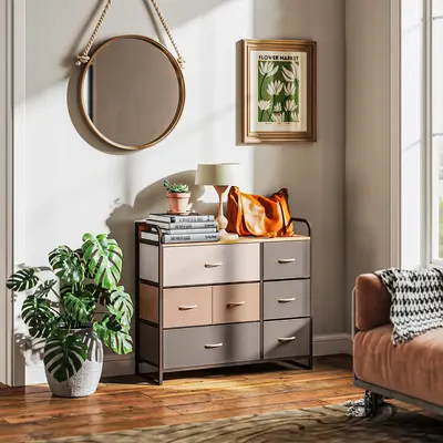 HOMCOM Dresser for Bedroom, Fabric Chest of Drawers, Tall Dresser Storage Tower with Steel Frame and Tabletop for Closets, Nu...