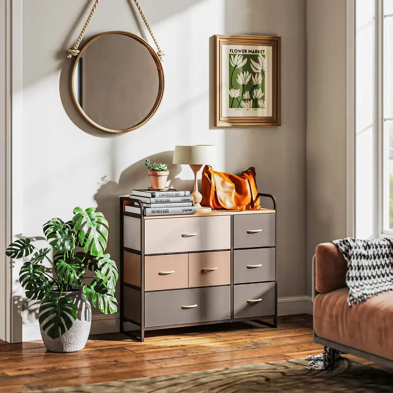 HOMCOM Dresser for Bedroom, Fabric Chest of Drawers, Tall Dresser Storage Tower with Steel Frame and Tabletop for Closets, Nu...