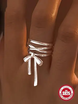 S925 Sterling Silver Cute Bowknot Design Ring, Adjustable Ring for Women, Elegant Fashion Rings,  Fashion Jewelry Accessories...