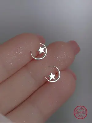 S925 Sterling Silver Star & Moon Design Stud Earrings, Elegant Stud Earrings for Women & Girls, Fashion All-match Accessories...