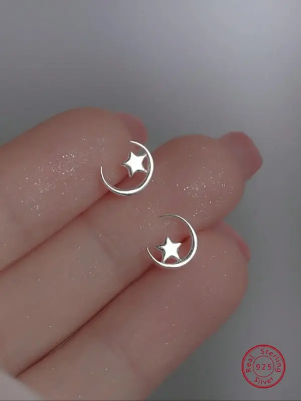 S925 Sterling Silver Star & Moon Design Stud Earrings, Elegant Stud Earrings for Women & Girls, Fashion All-match Accessories...