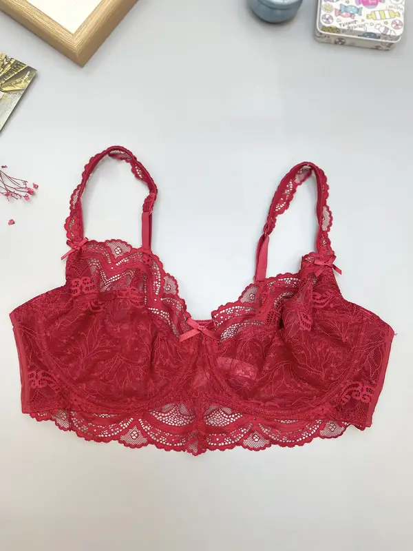 Plus Size Bow Decor Floral Lace Push Up Bra, Sexy Adjustable Strap Sheer Lingerie Top for Women, Women's Lingerie for All Sea...