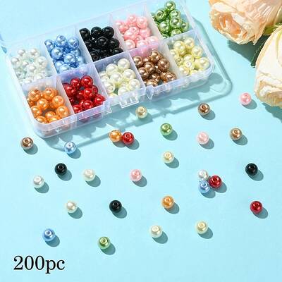 200Pcs 10 Colors Baking Painted Pearlized Glass Pearl Round Bead Strands