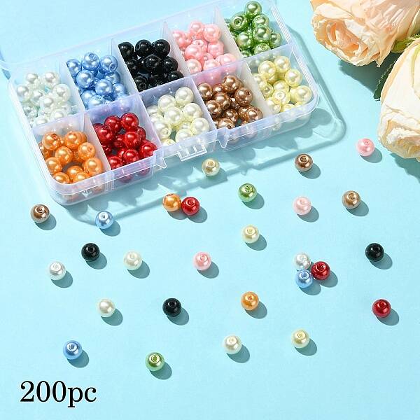 200Pcs 10 Colors Baking Painted Pearlized Glass Pearl Round Bead Strands