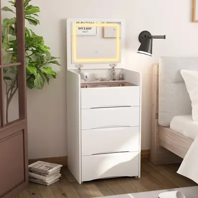 MIDHAM Makeup Vanity Desk with Lighted Flip-Up Mirror, 18.3”W Dressing Table with 3 Drawers, Shelves & Cushioned Stool