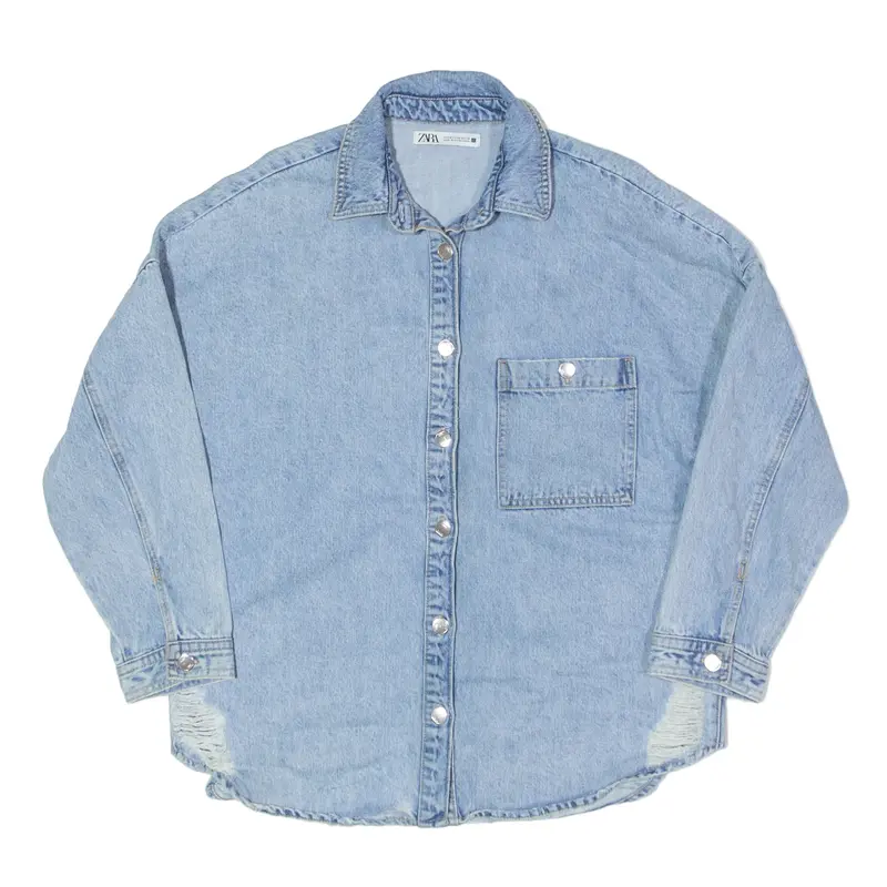 ZARA Distressed Relaxed Fit Denim Jacket Blue Womens M