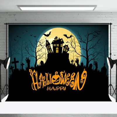 Tomb Mountain Castle Moon Night Happy Halloween Backdrop
