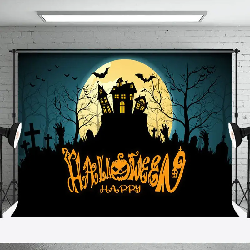 Tomb Mountain Castle Moon Night Happy Halloween Backdrop