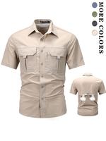 Men's Solid Patched Short Sleeve Shirt, Quick Drying Casual Shortsleeve Outdoor Top, Summer Clothes Menswear