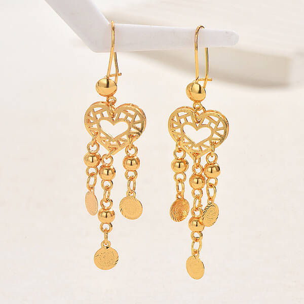 Fashionable and Elegant Gold Plated Brass Coin Heart Tassel Dangle Earrings for Women