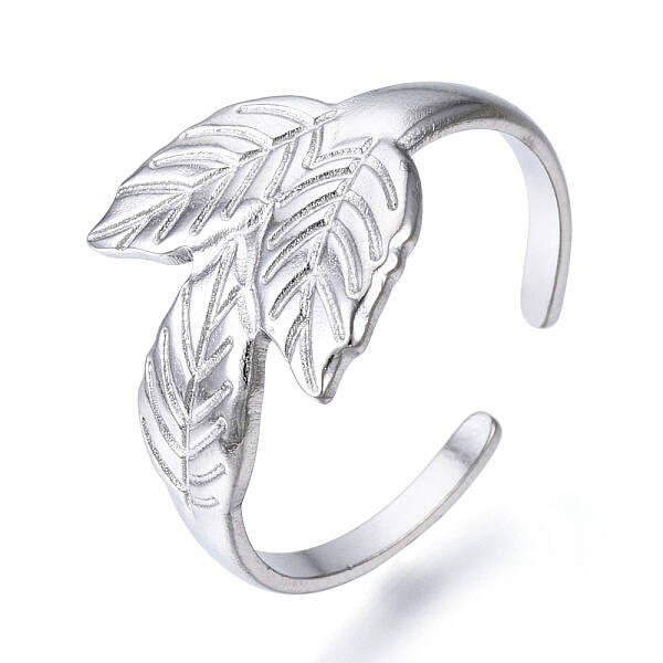 Non-Tarnish 304 Stainless Steel Leaf Open Cuff Ring for Women