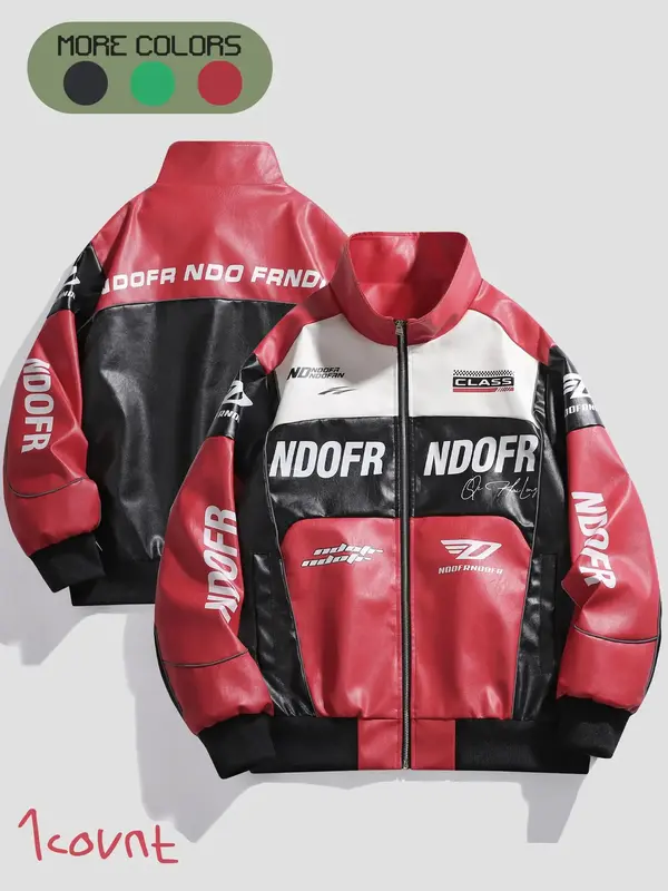 Men's Patchwork Letter Print Zip Up PU Leather Jacket, Loose Casual Long Sleeve Stand Collar Outerwear for Fall & Winter, ...