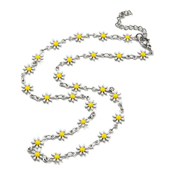 304 Stainless Steel Flower Link Chain Necklace with Enamel